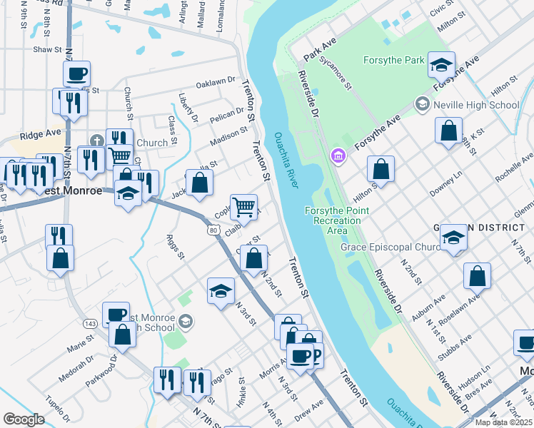 map of restaurants, bars, coffee shops, grocery stores, and more near 117 Claiborne Street in West Monroe