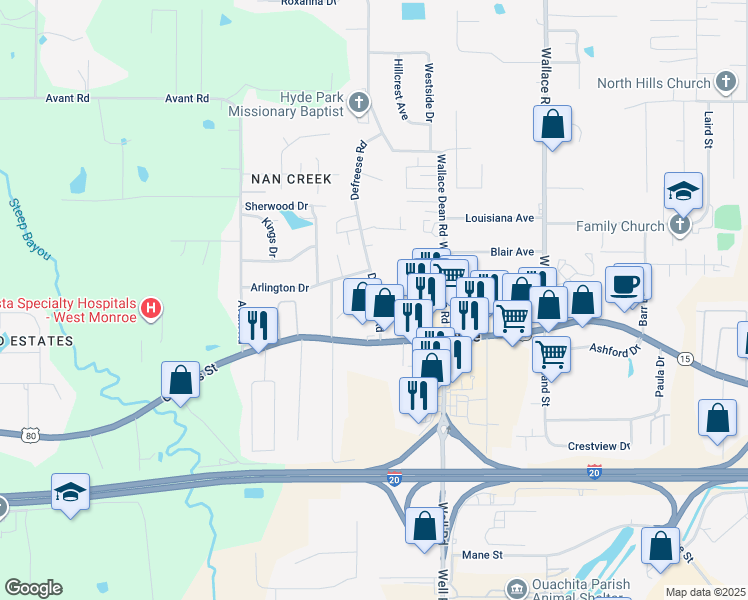 map of restaurants, bars, coffee shops, grocery stores, and more near 138 Defreese Road in West Monroe