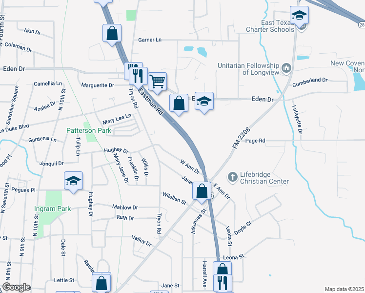 map of restaurants, bars, coffee shops, grocery stores, and more near 1301 North Eastman Road in Longview