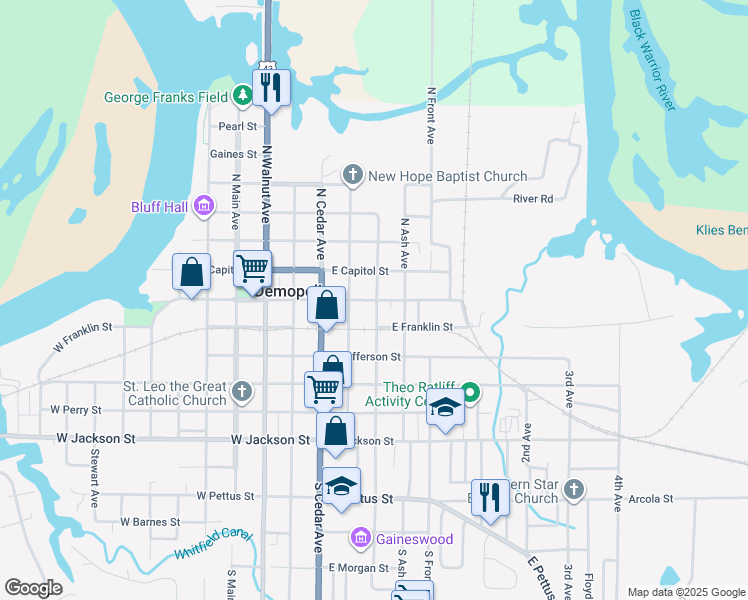 map of restaurants, bars, coffee shops, grocery stores, and more near East Washington Street in Demopolis