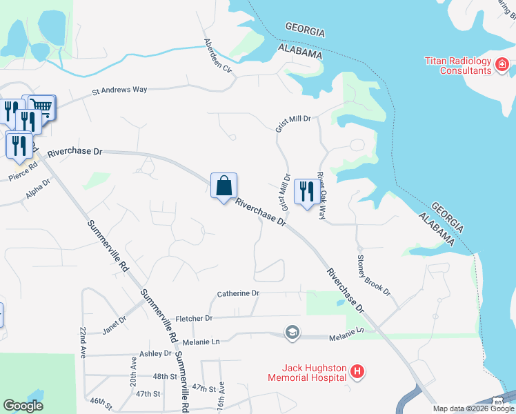 map of restaurants, bars, coffee shops, grocery stores, and more near 5000 Riverchase Drive in Phenix City