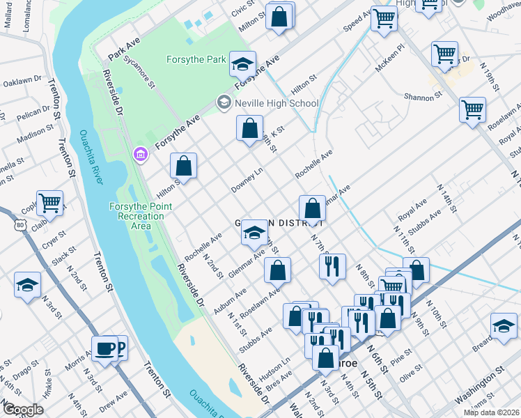 map of restaurants, bars, coffee shops, grocery stores, and more near 503 Erin Avenue in Monroe