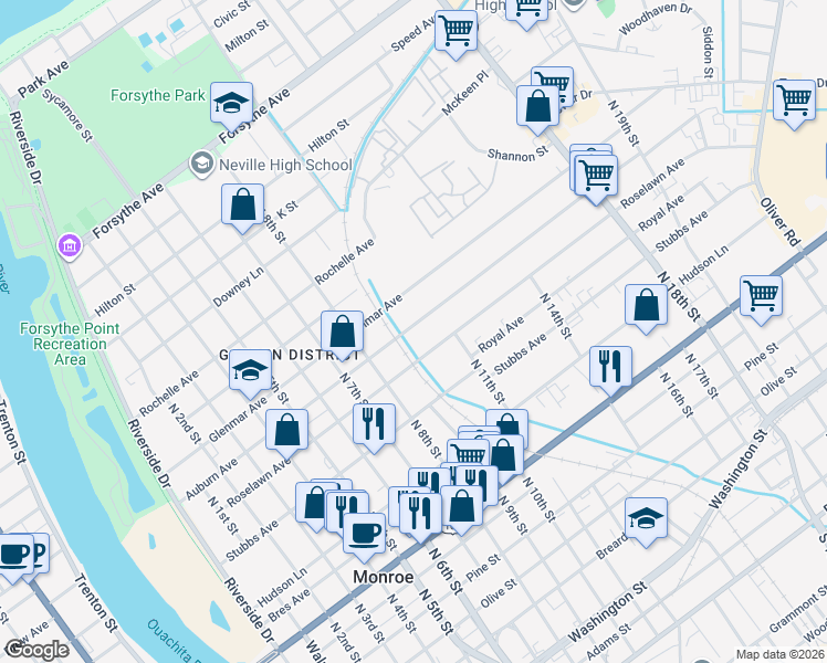 map of restaurants, bars, coffee shops, grocery stores, and more near 1004 Auburn Avenue in Monroe