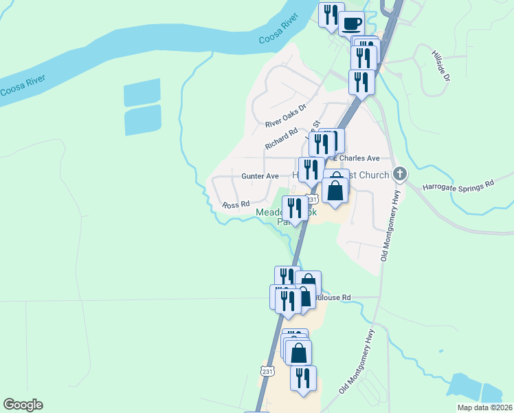 map of restaurants, bars, coffee shops, grocery stores, and more near 219 Ross Road in Wetumpka