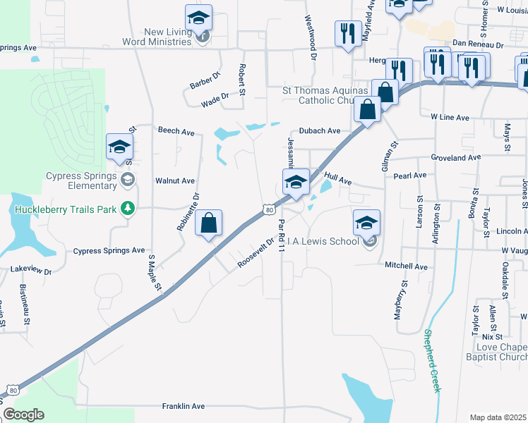 map of restaurants, bars, coffee shops, grocery stores, and more near 1009 Robert Street in Ruston