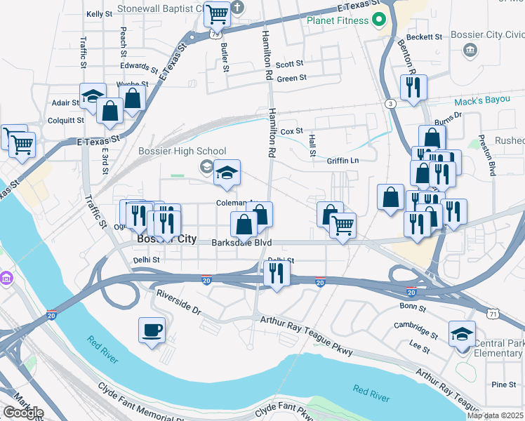 map of restaurants, bars, coffee shops, grocery stores, and more near 401 Hamilton Road in Bossier City