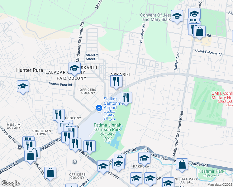 map of restaurants, bars, coffee shops, grocery stores, and more near Cantt Road in Sialkot
