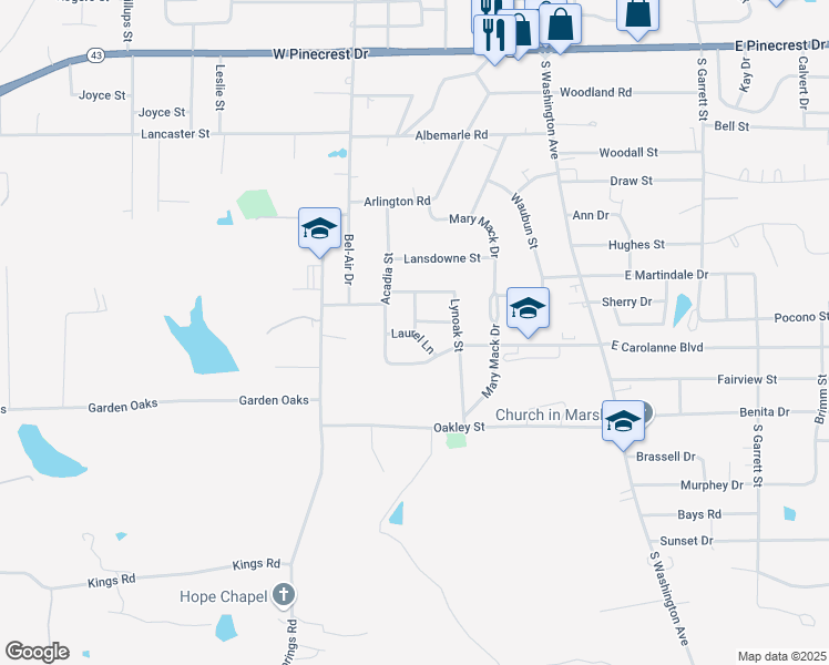 map of restaurants, bars, coffee shops, grocery stores, and more near 3001 Pine Cove Street in Marshall
