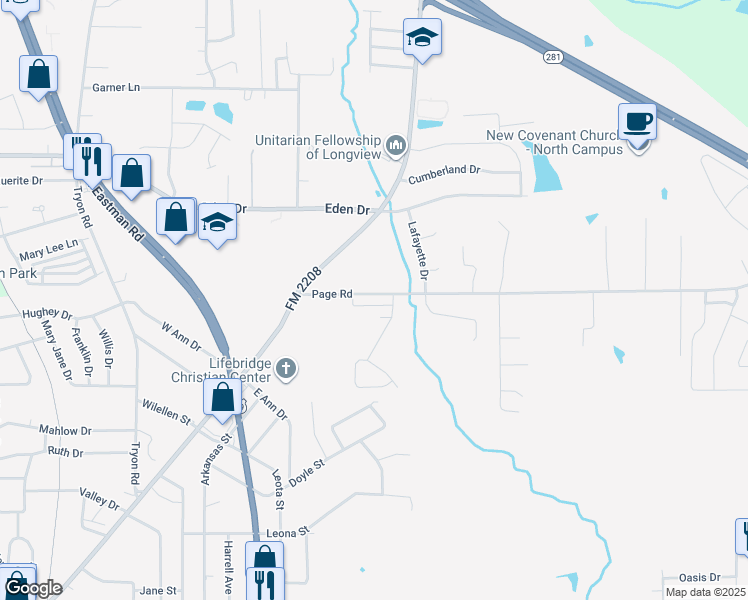 map of restaurants, bars, coffee shops, grocery stores, and more near 1901 Miria Court in Longview