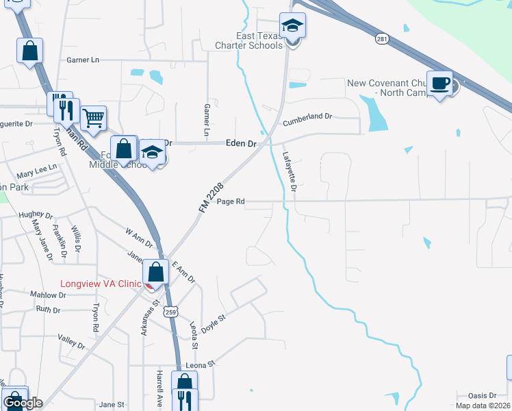 map of restaurants, bars, coffee shops, grocery stores, and more near 1901 Miria Court in Longview