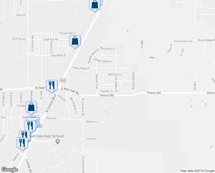 map of restaurants, bars, coffee shops, grocery stores, and more near 209 Moonlight Drive in Red Oak
