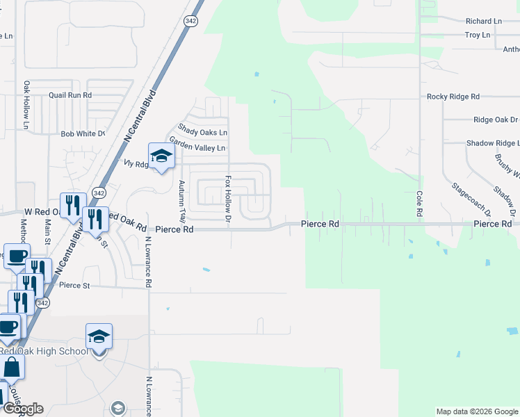 map of restaurants, bars, coffee shops, grocery stores, and more near 110 Whipperwill Way in Red Oak