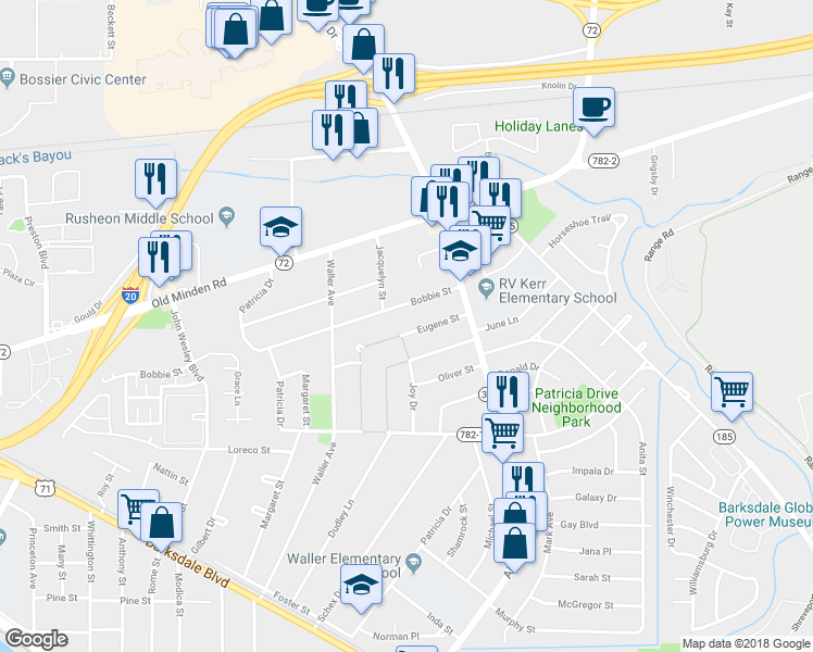 map of restaurants, bars, coffee shops, grocery stores, and more near 2903 Eugene Street in Bossier City