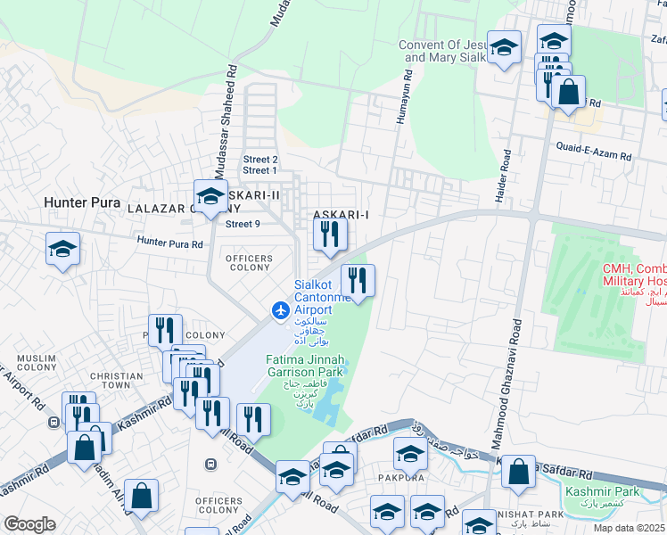 map of restaurants, bars, coffee shops, grocery stores, and more near Cantt Road in Sialkot