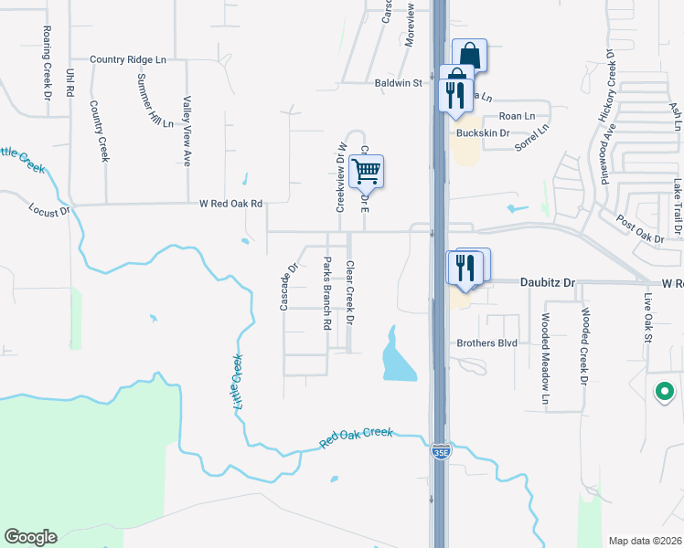 map of restaurants, bars, coffee shops, grocery stores, and more near 116 Clear Creek Drive in Red Oak