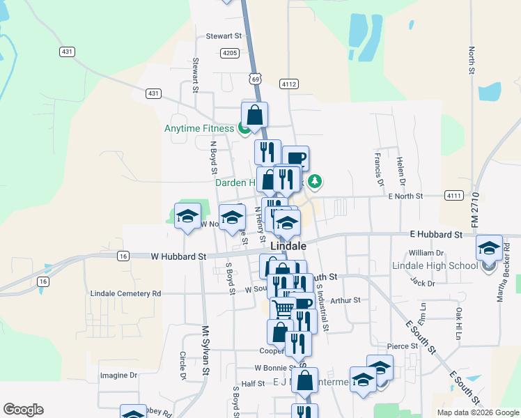 map of restaurants, bars, coffee shops, grocery stores, and more near 205 North Henry Street in Lindale