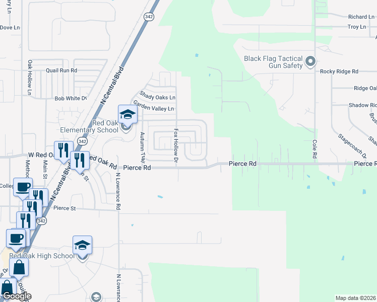 map of restaurants, bars, coffee shops, grocery stores, and more near 110 Whipperwill Way in Red Oak