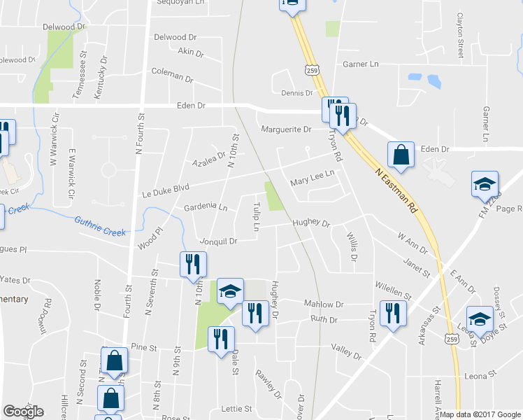 map of restaurants, bars, coffee shops, grocery stores, and more near 1712 Tulip Lane in Longview