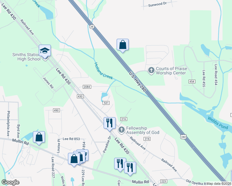 map of restaurants, bars, coffee shops, grocery stores, and more near County Road 531 in Smiths Station