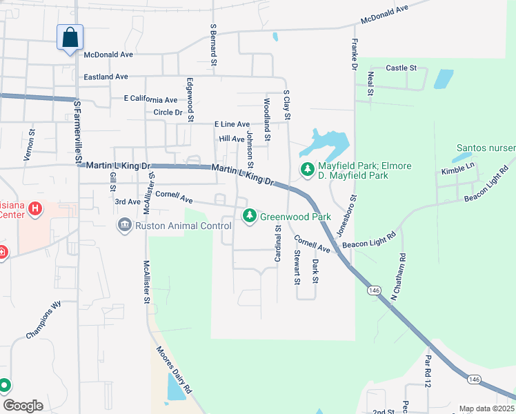 map of restaurants, bars, coffee shops, grocery stores, and more near 1100 Cardinal Street in Ruston