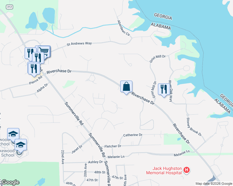 map of restaurants, bars, coffee shops, grocery stores, and more near 5295 Riverchase Drive in Phenix City