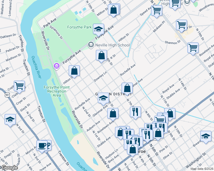 map of restaurants, bars, coffee shops, grocery stores, and more near 598 Rochelle Avenue in Monroe