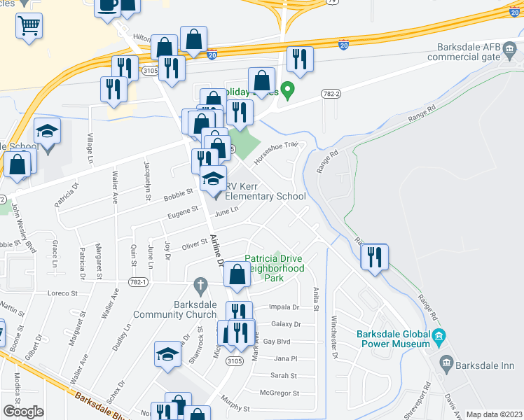 map of restaurants, bars, coffee shops, grocery stores, and more near 3110 Oliver Street in Bossier City