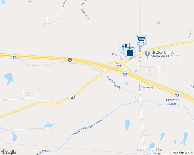 map of restaurants, bars, coffee shops, grocery stores, and more near U.S. 80 in Calhoun