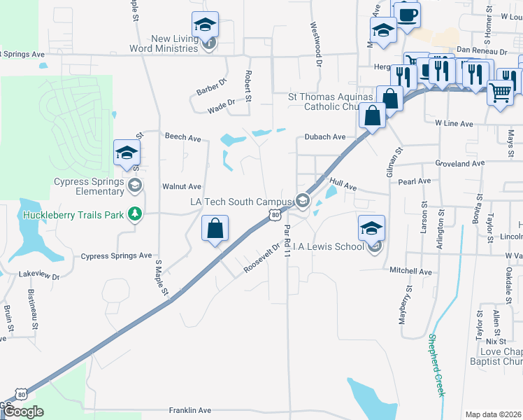 map of restaurants, bars, coffee shops, grocery stores, and more near 942 Robert Street in Ruston