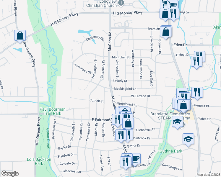 map of restaurants, bars, coffee shops, grocery stores, and more near 1001 Mockingbird Lane in Longview