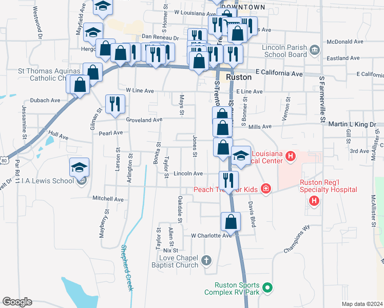 map of restaurants, bars, coffee shops, grocery stores, and more near 1008 Jones Street in Ruston