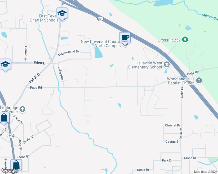 map of restaurants, bars, coffee shops, grocery stores, and more near 2468 Page Road in Longview