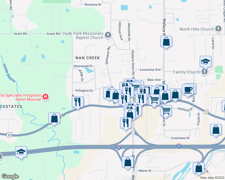 map of restaurants, bars, coffee shops, grocery stores, and more near 175 Defreese Road in West Monroe