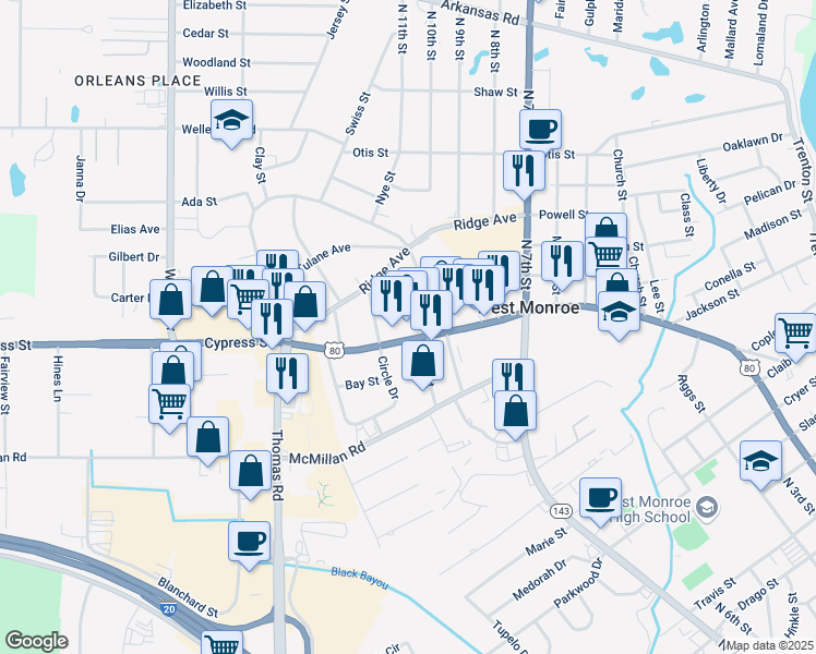 map of restaurants, bars, coffee shops, grocery stores, and more near 3002 Cypress Street in West Monroe