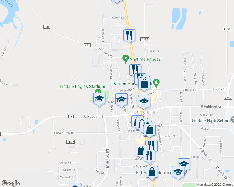 map of restaurants, bars, coffee shops, grocery stores, and more near 310 West Braziel Street in Lindale