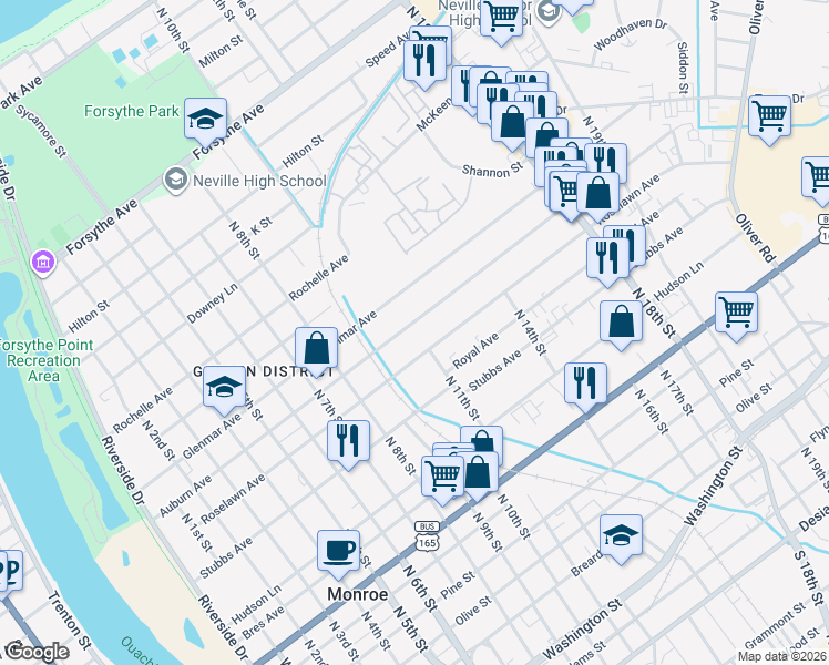 map of restaurants, bars, coffee shops, grocery stores, and more near 1106-1404 Auburn Avenue in Monroe