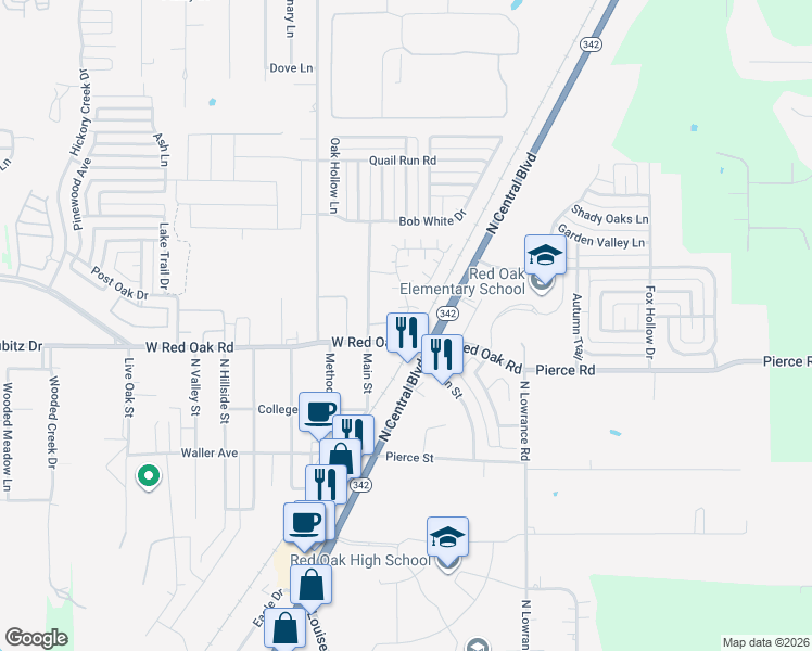 map of restaurants, bars, coffee shops, grocery stores, and more near 307 North Central Boulevard in Red Oak