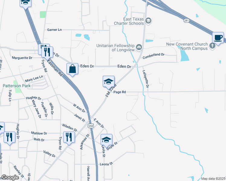 map of restaurants, bars, coffee shops, grocery stores, and more near 2100 Jefferson Road in Longview