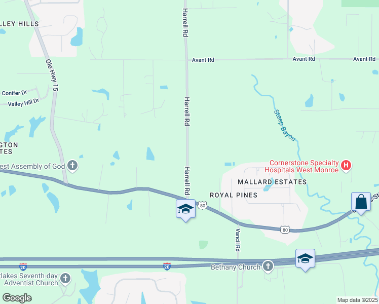 map of restaurants, bars, coffee shops, grocery stores, and more near 200 Harrell Road in West Monroe