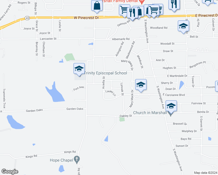map of restaurants, bars, coffee shops, grocery stores, and more near 3007 Pine Cove Street in Marshall