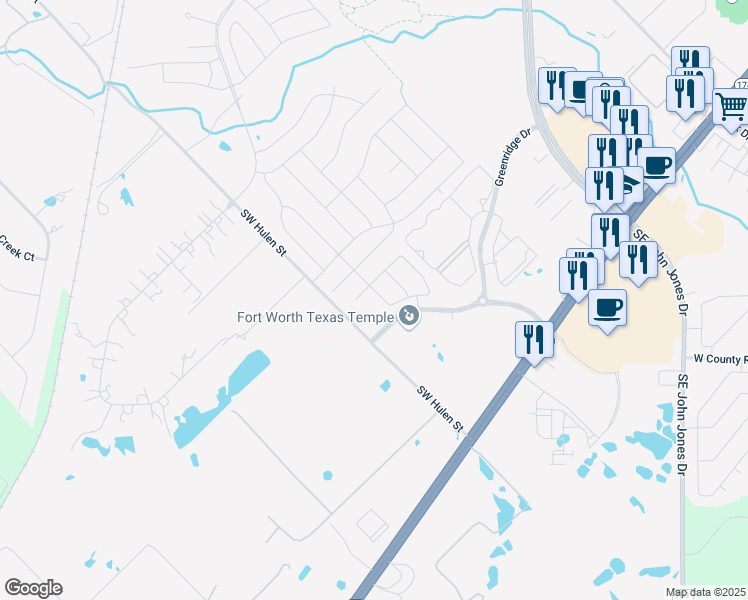 map of restaurants, bars, coffee shops, grocery stores, and more near 288 Merced Street in Burleson