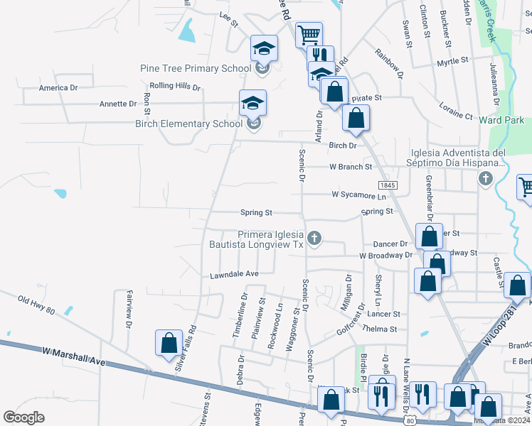 map of restaurants, bars, coffee shops, grocery stores, and more near 807 Spring Street in Longview