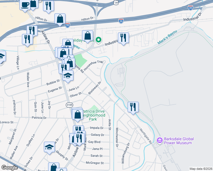 map of restaurants, bars, coffee shops, grocery stores, and more near 3407 Black Lake Circle in Bossier City