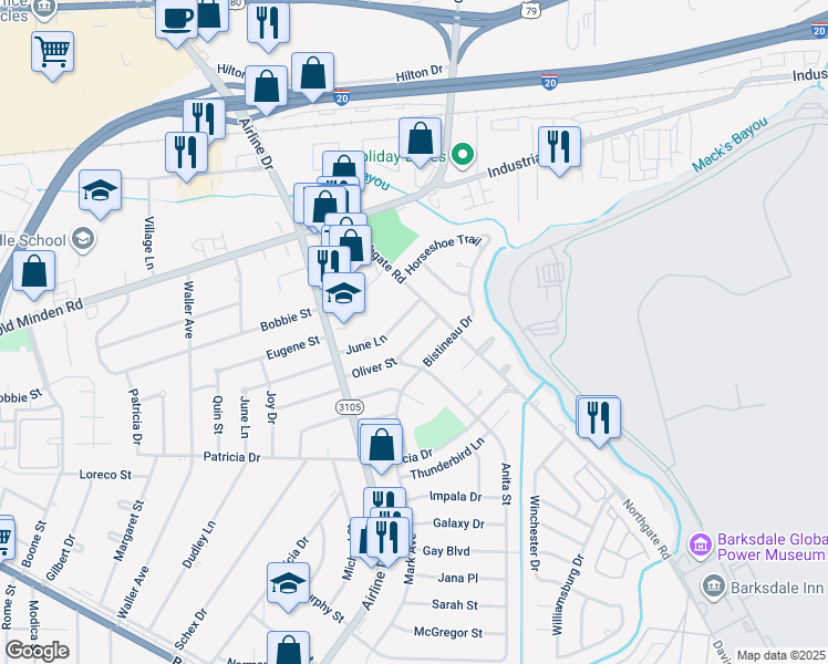 map of restaurants, bars, coffee shops, grocery stores, and more near 3111 Oliver Street in Bossier City