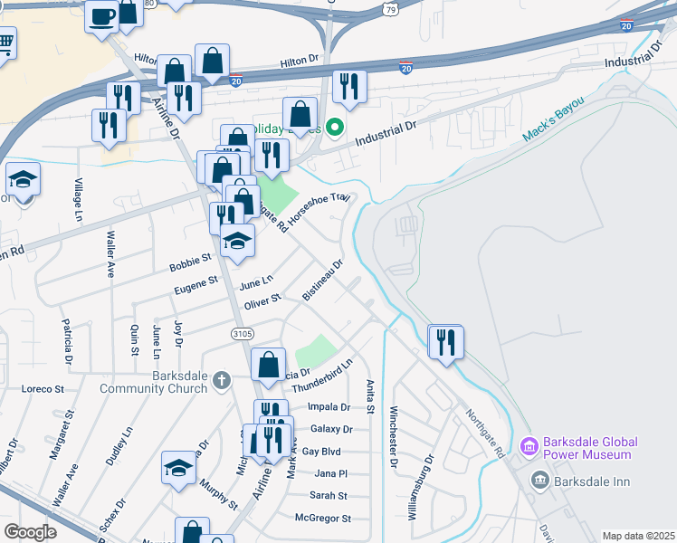 map of restaurants, bars, coffee shops, grocery stores, and more near 3401 Bistineau Drive in Bossier City