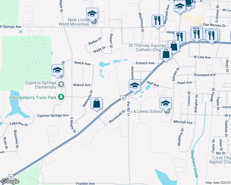 map of restaurants, bars, coffee shops, grocery stores, and more near 912 Robert Street in Ruston