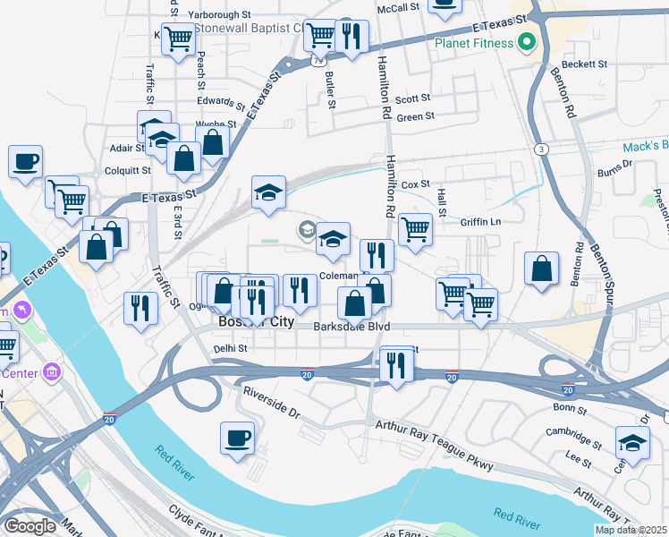 map of restaurants, bars, coffee shops, grocery stores, and more near 777 Bearkat Drive in Bossier City