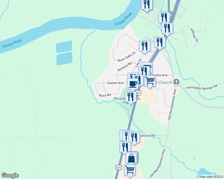 map of restaurants, bars, coffee shops, grocery stores, and more near 309 Gunter Court in Wetumpka