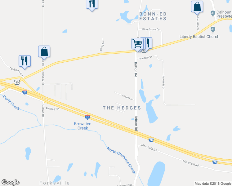 map of restaurants, bars, coffee shops, grocery stores, and more near 299 Cheeks Drive in Calhoun