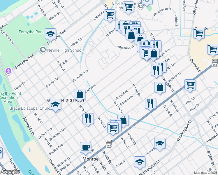 map of restaurants, bars, coffee shops, grocery stores, and more near 1106 Auburn Avenue in Monroe